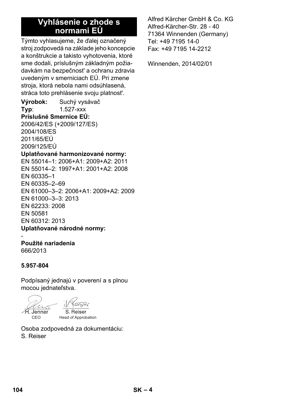 Vyhlásenie o zhode s normami eú | Karcher T 10-1 Adv User Manual | Page 104 / 144