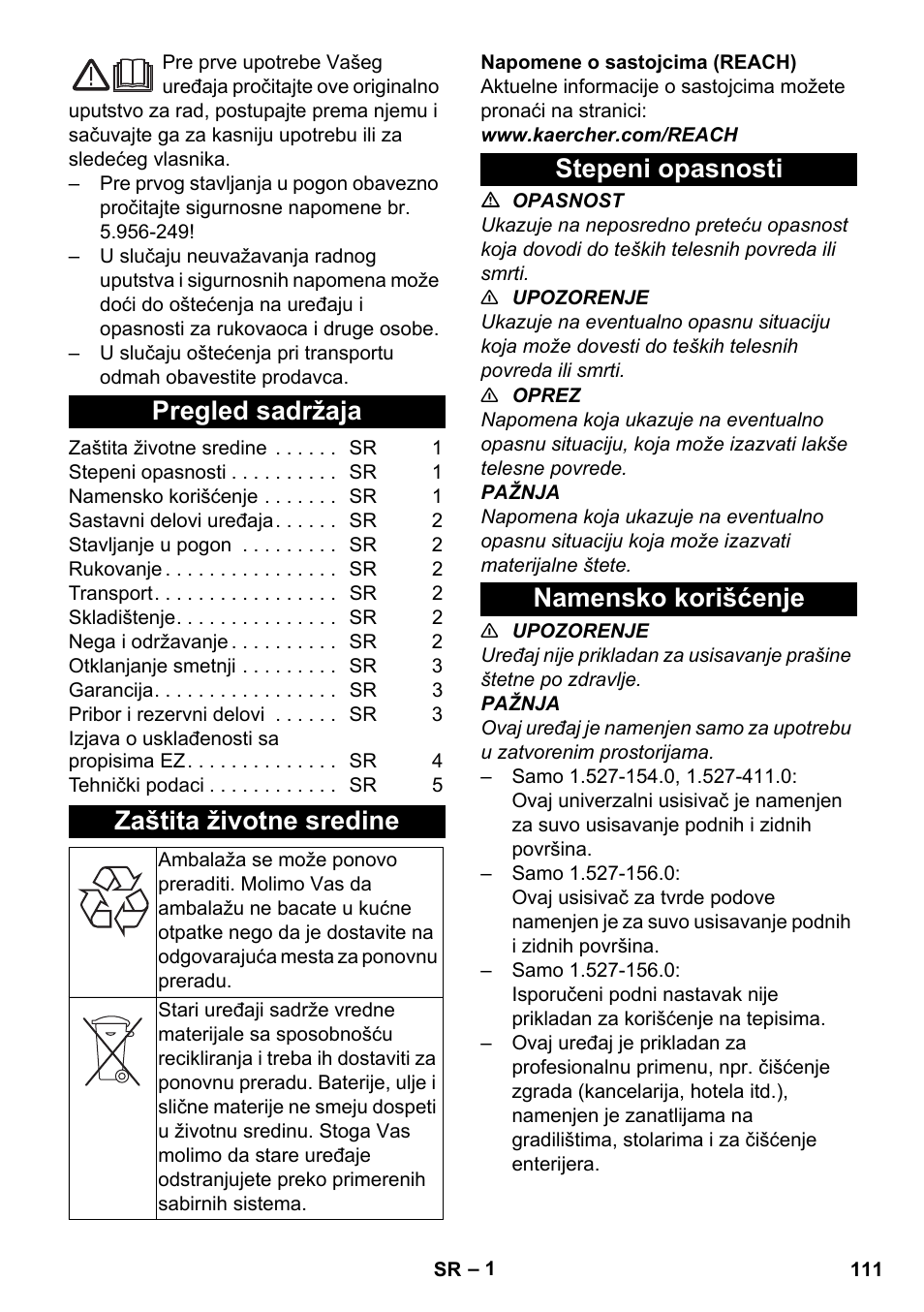 Srpski, Pregled sadržaja, Zaštita životne sredine | Stepeni opasnosti, Namensko korišćenje, Stepeni opasnosti namensko korišćenje | Karcher T 10-1 Adv User Manual | Page 111 / 144