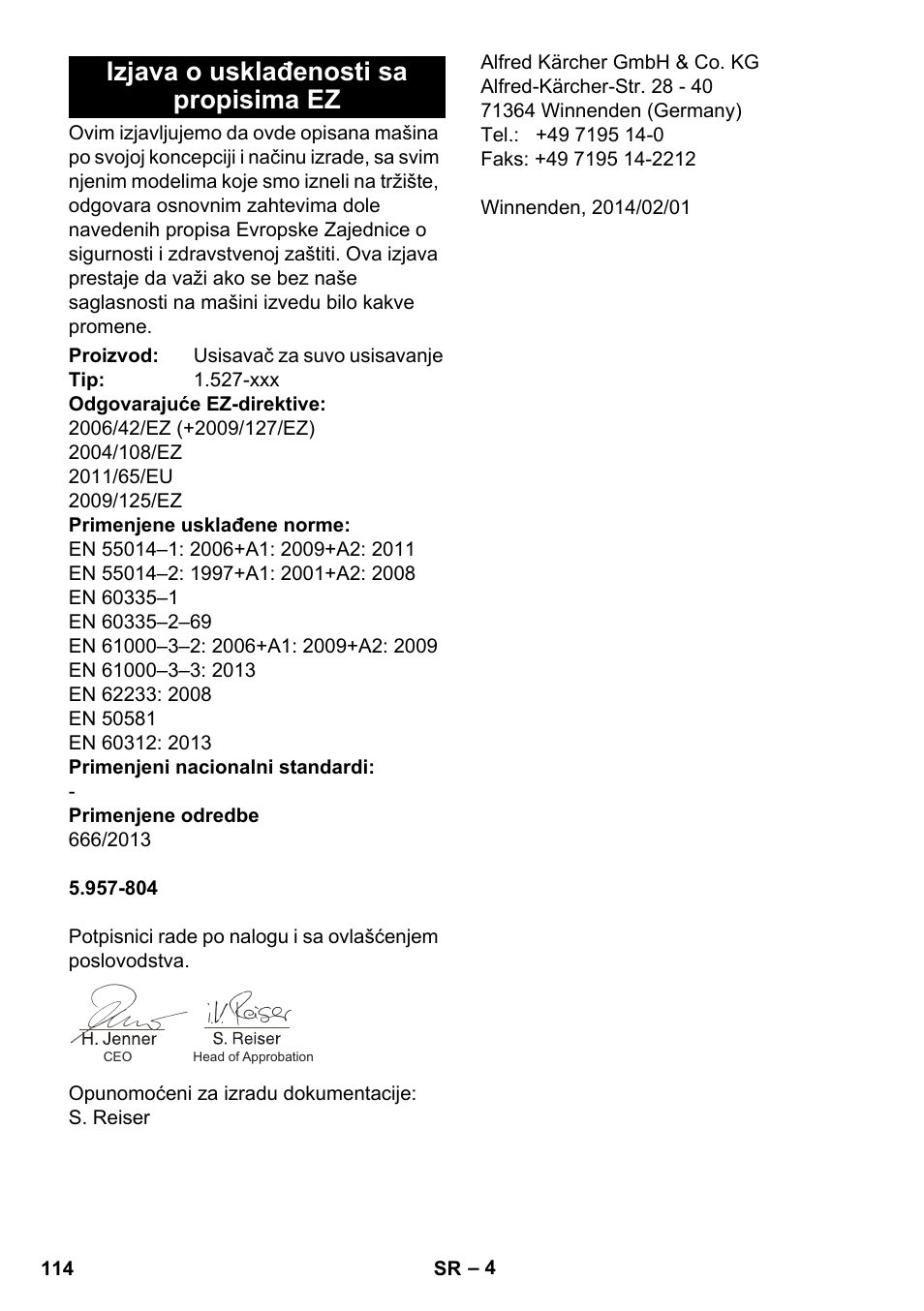 Izjava o usklađenosti sa propisima ez | Karcher T 10-1 Adv User Manual | Page 114 / 144