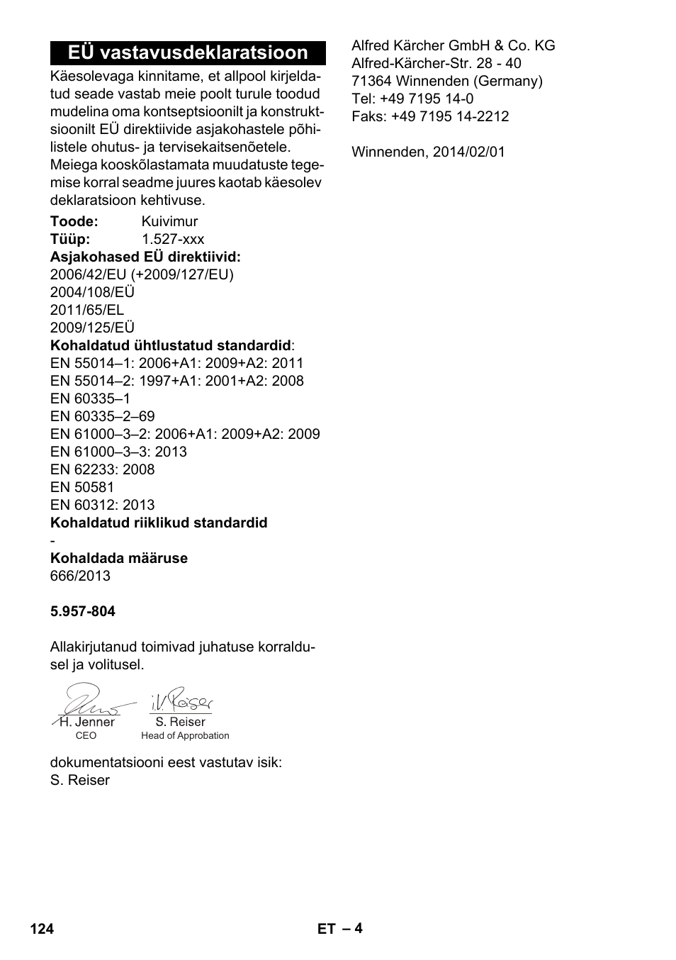 Eü vastavusdeklaratsioon | Karcher T 10-1 Adv User Manual | Page 124 / 144