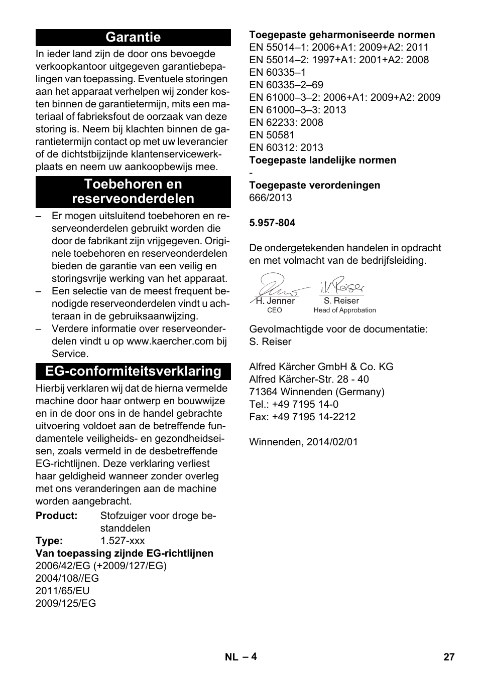 Garantie, Toebehoren en reserveonderdelen, Eg-conformiteitsverklaring | Karcher T 10-1 Adv User Manual | Page 27 / 144