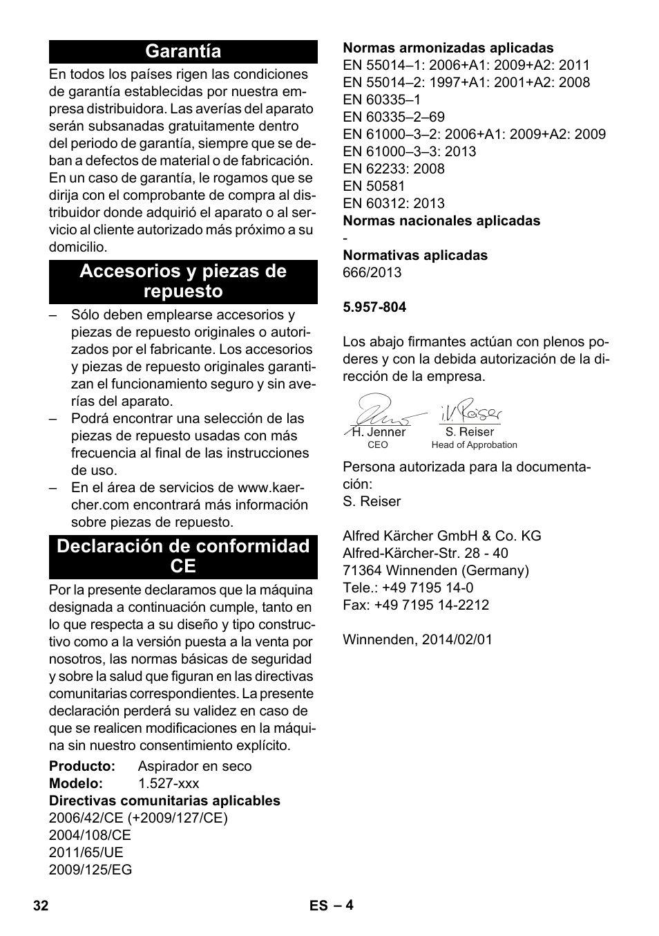Garantía, Accesorios y piezas de repuesto, Declaración de conformidad ce | Karcher T 10-1 Adv User Manual | Page 32 / 144