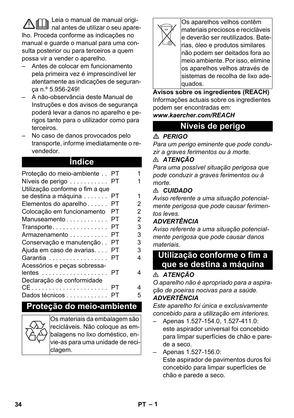 Português, Índice, Proteção do meio-ambiente | Níveis de perigo | Karcher T 10-1 Adv User Manual | Page 34 / 144