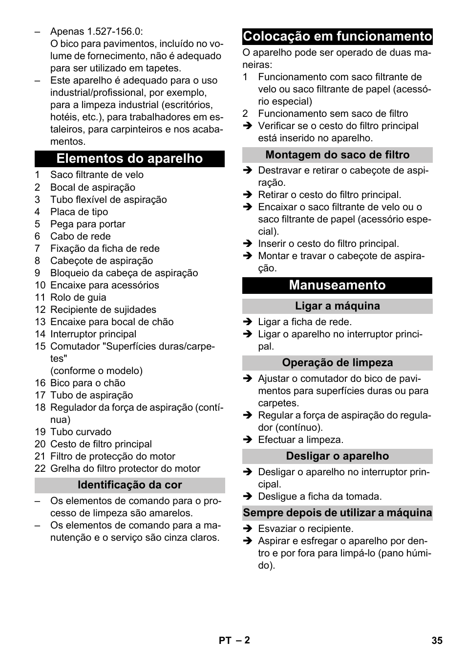 Elementos do aparelho, Identificação da cor, Colocação em funcionamento | Montagem do saco de filtro, Manuseamento, Ligar a máquina, Operação de limpeza, Desligar o aparelho, Sempre depois de utilizar a máquina | Karcher T 10-1 Adv User Manual | Page 35 / 144