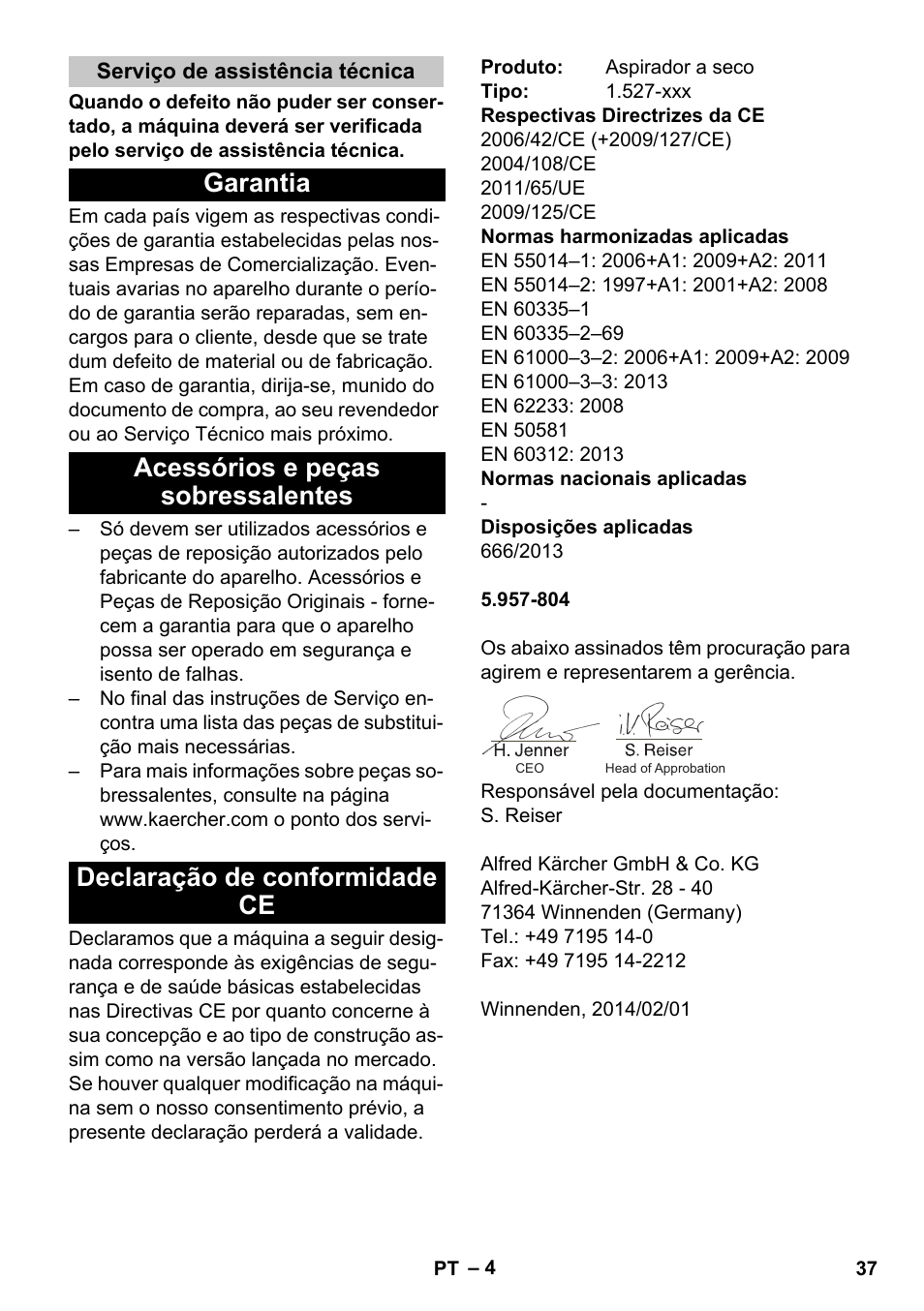 Serviço de assistência técnica, Garantia, Acessórios e peças sobressalentes | Declaração de conformidade ce | Karcher T 10-1 Adv User Manual | Page 37 / 144
