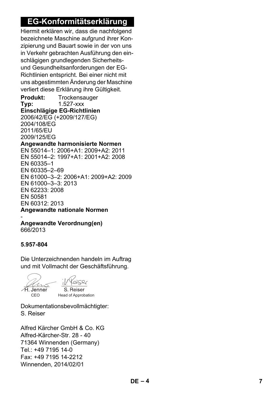 Eg-konformitätserklärung | Karcher T 10-1 Adv User Manual | Page 7 / 144