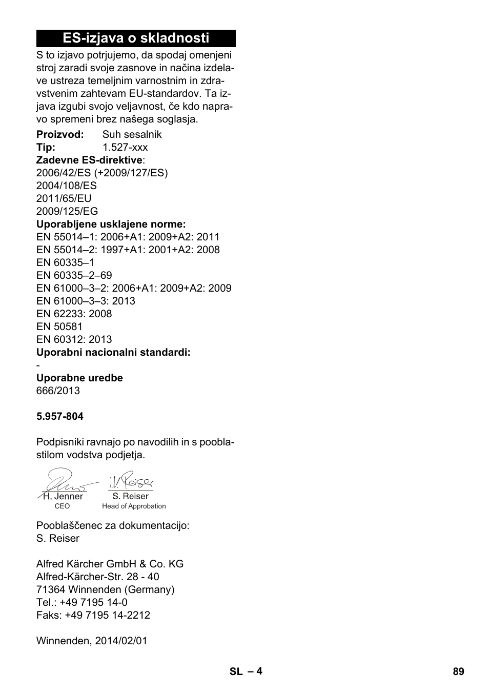 Es-izjava o skladnosti | Karcher T 10-1 Adv User Manual | Page 89 / 144