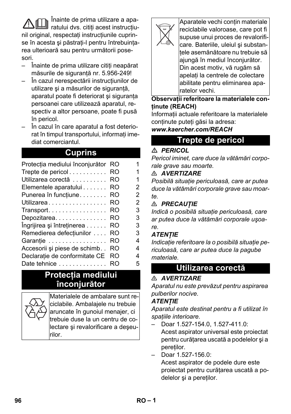 Româneşte, Cuprins, Protecţia mediului înconjurător | Trepte de pericol, Utilizarea corectă, Trepte de pericol utilizarea corectă | Karcher T 10-1 Adv User Manual | Page 96 / 144