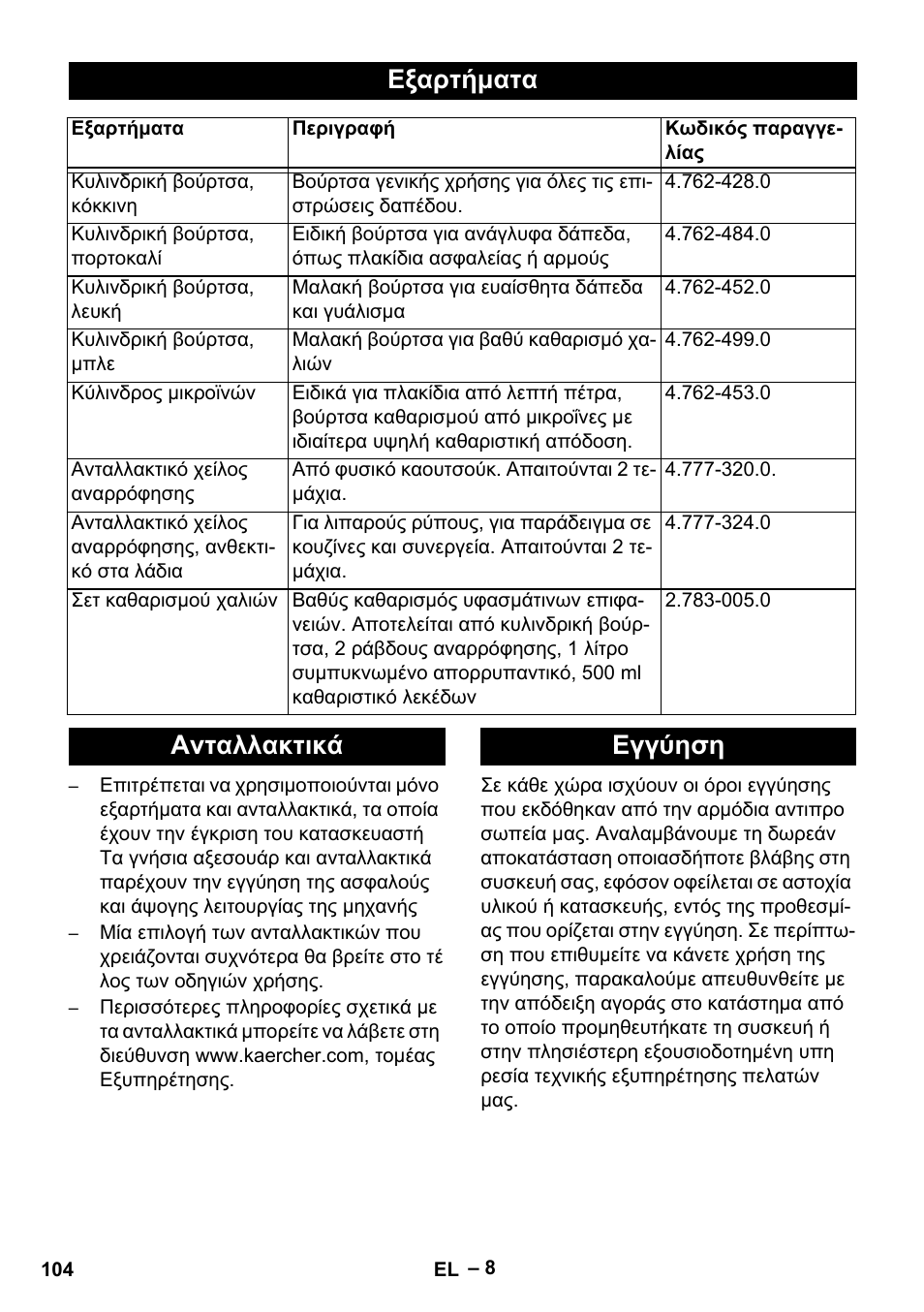 Εξαρτήματα, Ανταλλακτικά εγγύηση | Karcher BR 30-4 C Adv User Manual | Page 104 / 244