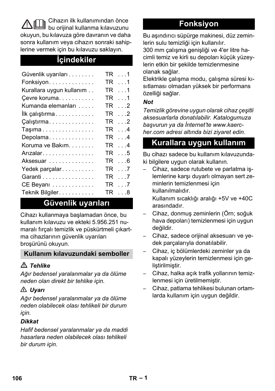 Türkçe, Slovenščina, Içindekiler | Güvenlik uyarıları, Fonksiyon kurallara uygun kullanım | Karcher BR 30-4 C Adv User Manual | Page 106 / 244
