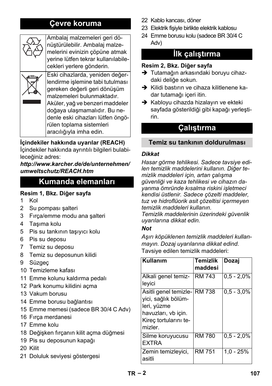 Çevre koruma, Kumanda elemanları ilk çalıştırma çalıştırma | Karcher BR 30-4 C Adv User Manual | Page 107 / 244