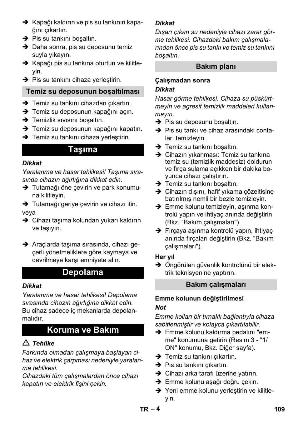 Taşıma depolama koruma ve bakım | Karcher BR 30-4 C Adv User Manual | Page 109 / 244