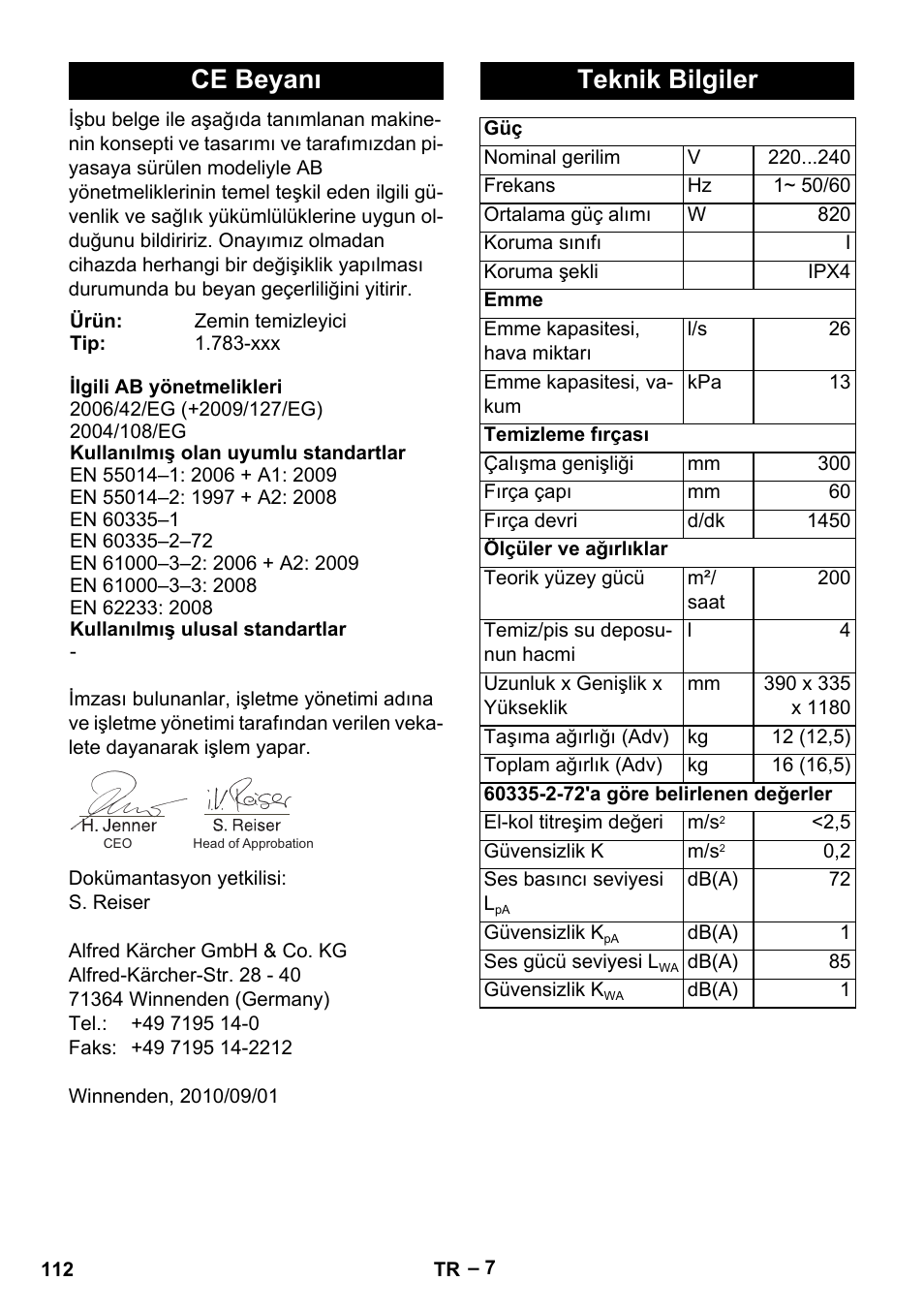 Ce beyanı, Teknik bilgiler | Karcher BR 30-4 C Adv User Manual | Page 112 / 244