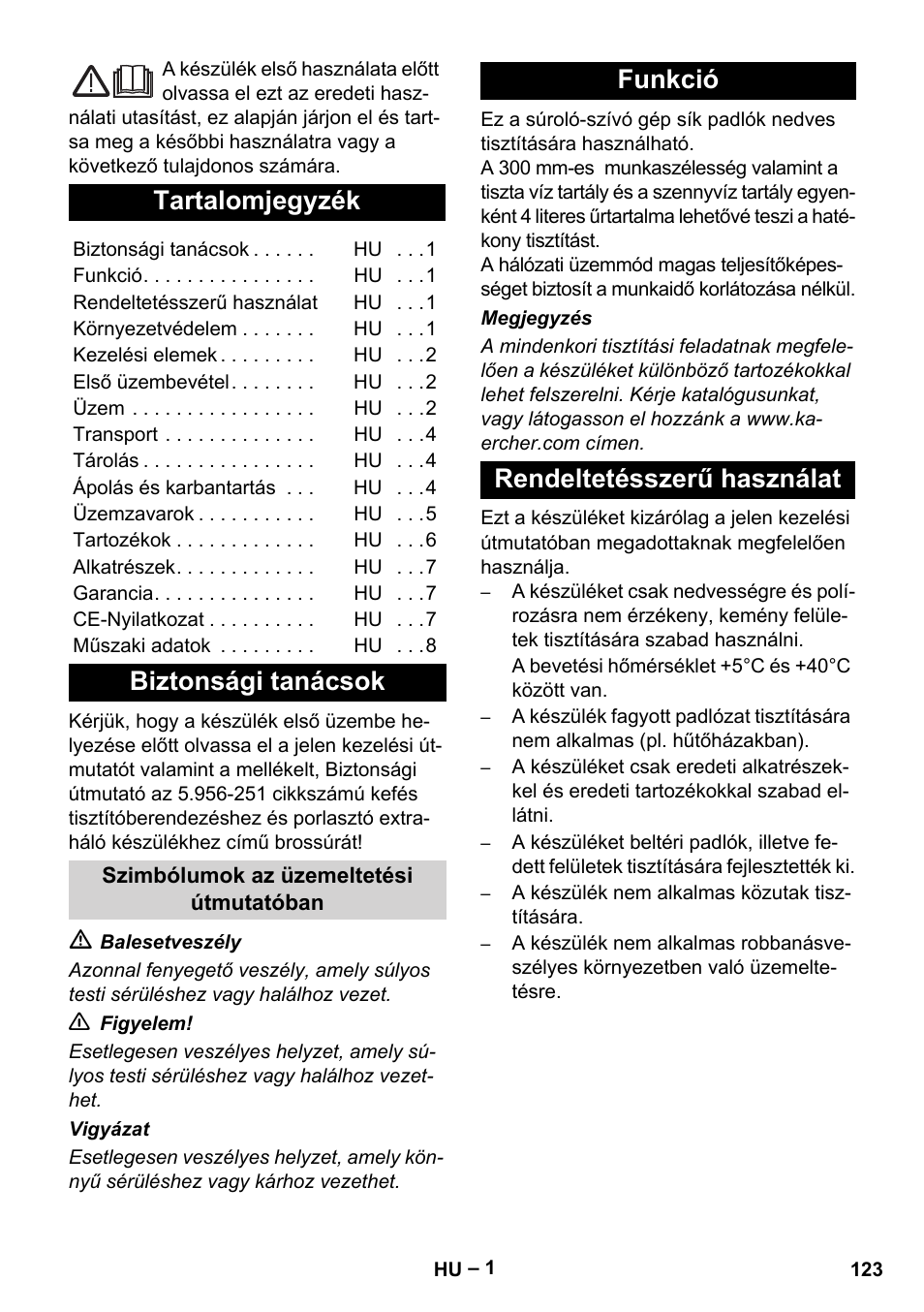 Magyar, Româneşte, Tartalomjegyzék | Biztonsági tanácsok, Funkció rendeltetésszerű használat | Karcher BR 30-4 C Adv User Manual | Page 123 / 244