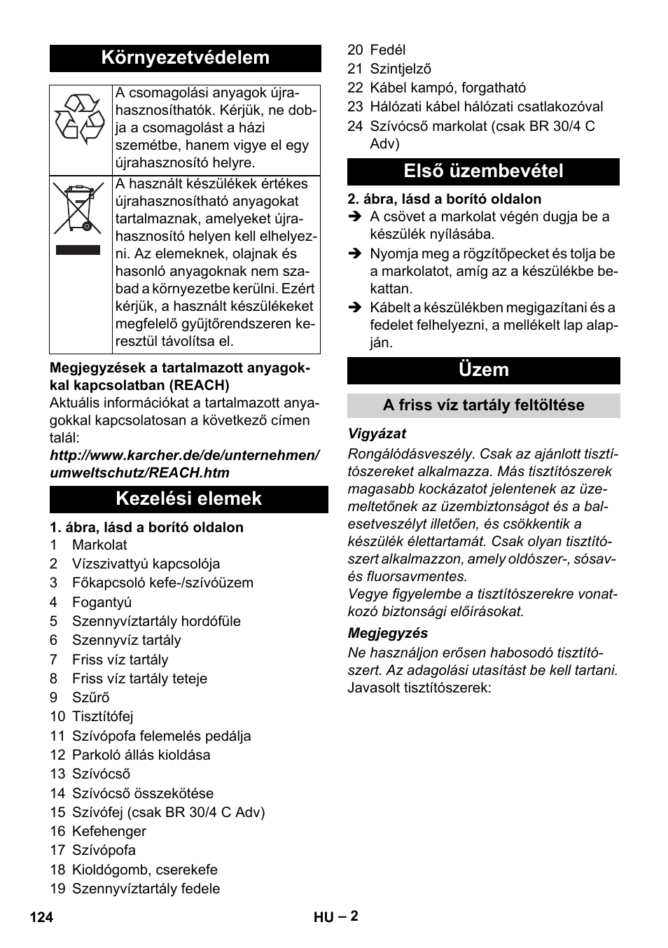 Környezetvédelem, Kezelési elemek első üzembevétel üzem | Karcher BR 30-4 C Adv User Manual | Page 124 / 244