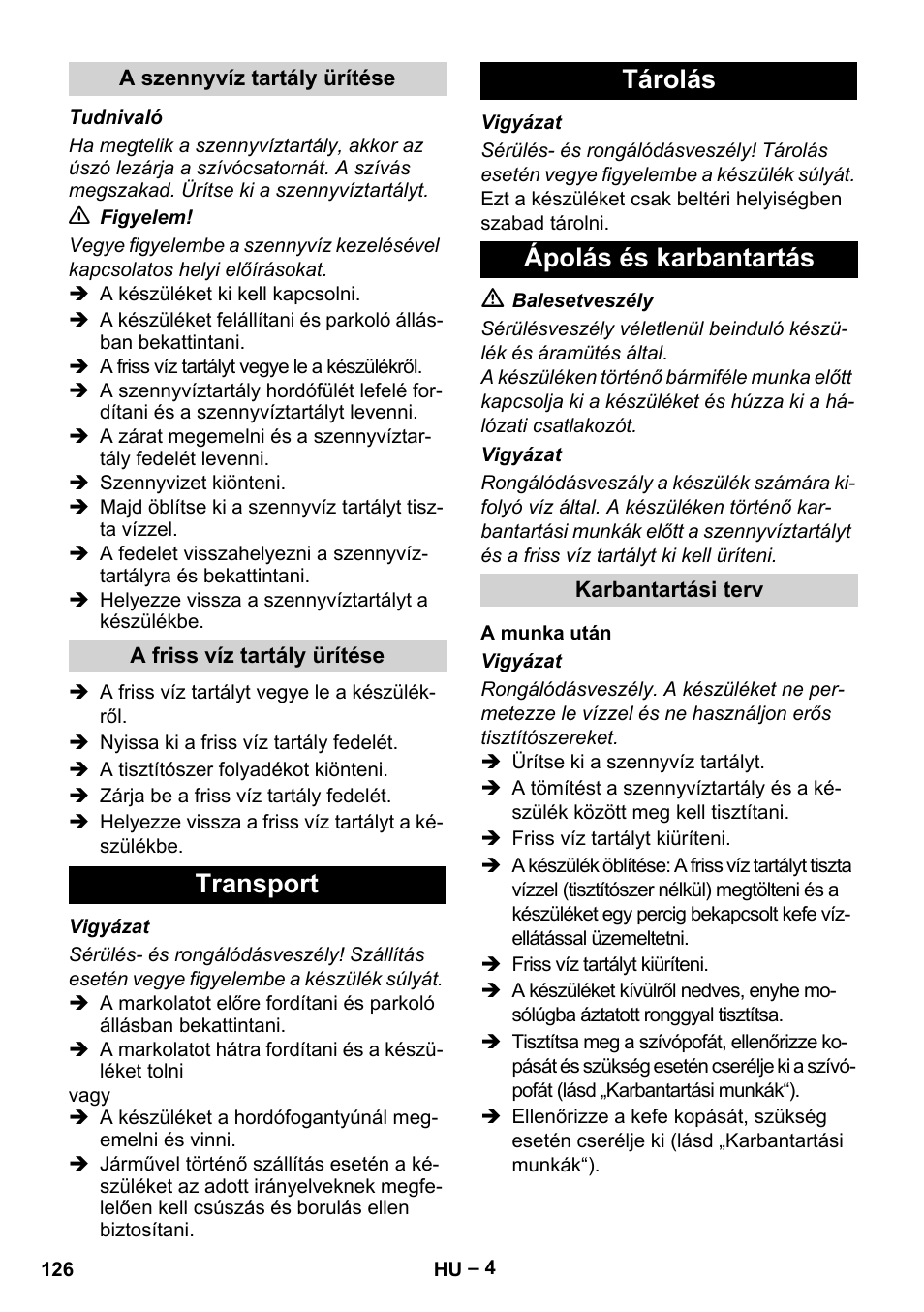 Transport tárolás ápolás és karbantartás | Karcher BR 30-4 C Adv User Manual | Page 126 / 244