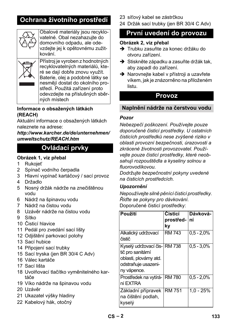 Ochrana životního prostředí, Ovládací prvky první uvedení do provozu provoz | Karcher BR 30-4 C Adv User Manual | Page 133 / 244