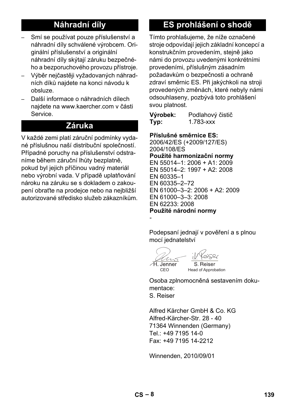 Náhradní díly záruka es prohlášení o shodě | Karcher BR 30-4 C Adv User Manual | Page 139 / 244