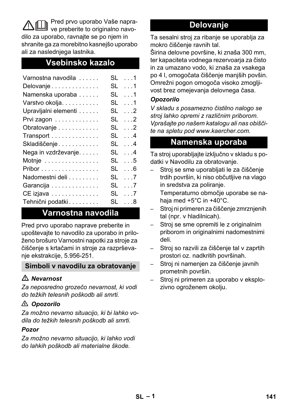 Slovenščina, Hrvatski, Slovenšina | Vsebinsko kazalo, Varnostna navodila, Delovanje namenska uporaba | Karcher BR 30-4 C Adv User Manual | Page 141 / 244