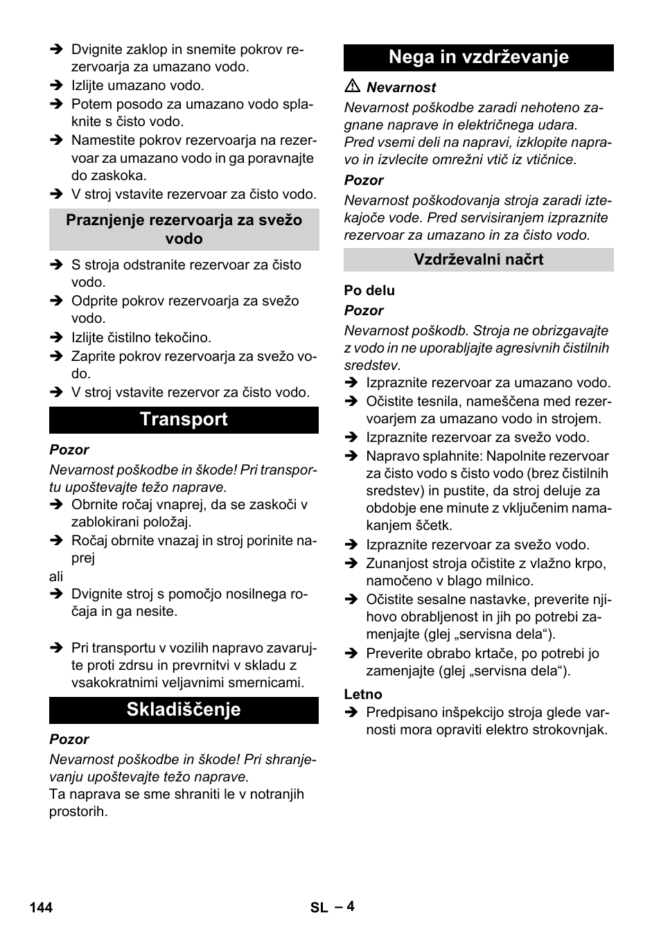 Transport skladiščenje nega in vzdrževanje | Karcher BR 30-4 C Adv User Manual | Page 144 / 244