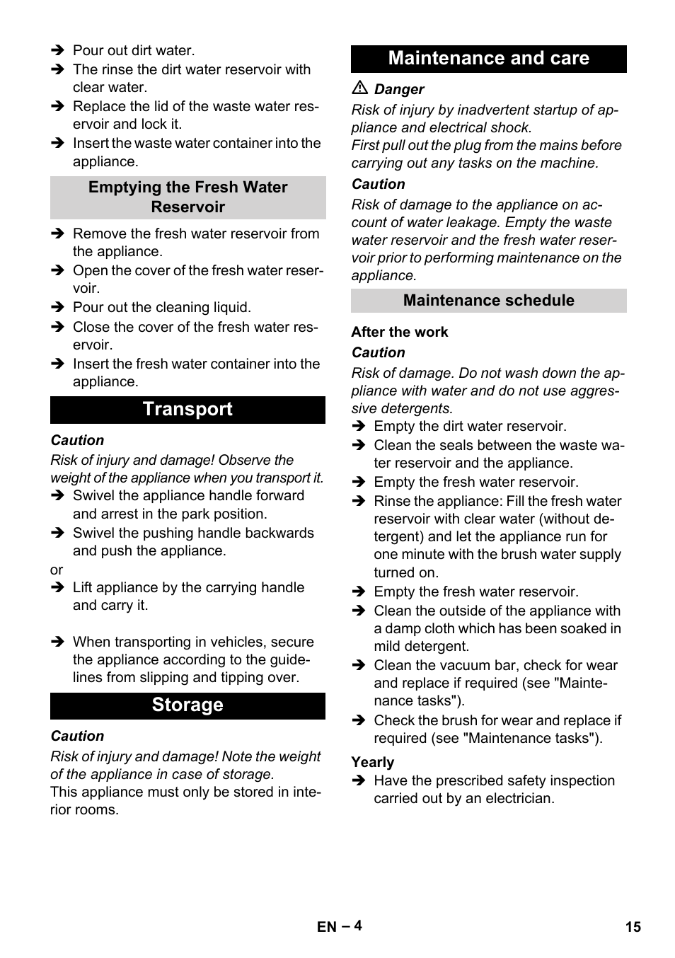 Transport storage maintenance and care | Karcher BR 30-4 C Adv User Manual | Page 15 / 244