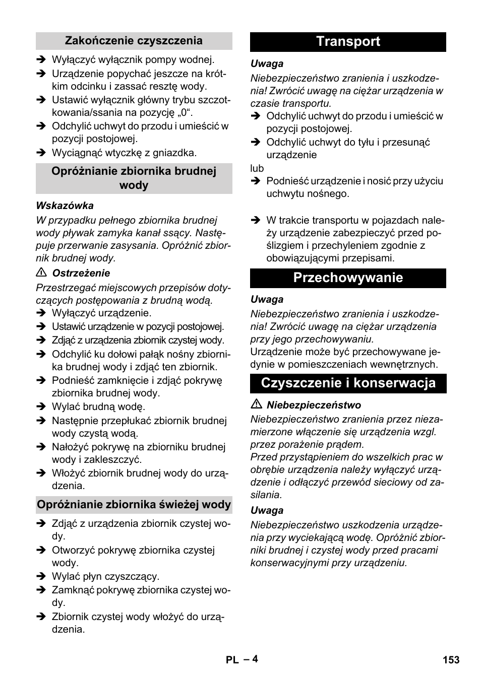 Transport przechowywanie czyszczenie i konserwacja | Karcher BR 30-4 C Adv User Manual | Page 153 / 244