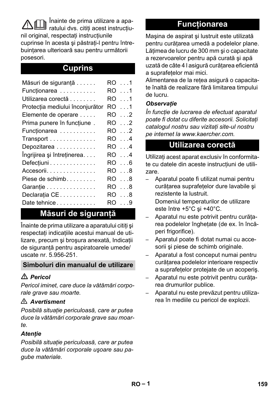 Româneşte, Български, Românete | Cuprins, Măsuri de siguranţă, Funcţionarea utilizarea corectă | Karcher BR 30-4 C Adv User Manual | Page 159 / 244