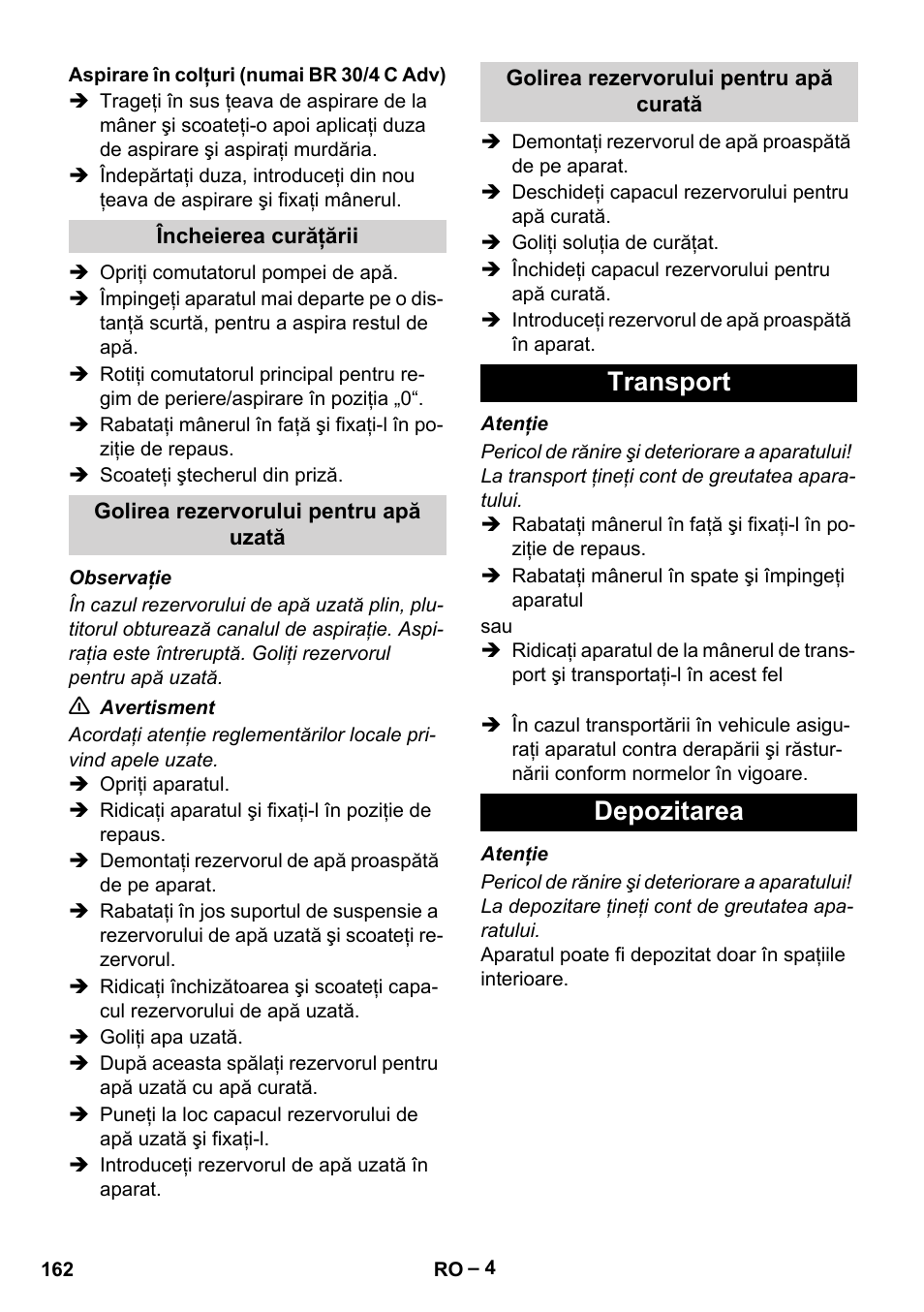 Transport depozitarea | Karcher BR 30-4 C Adv User Manual | Page 162 / 244