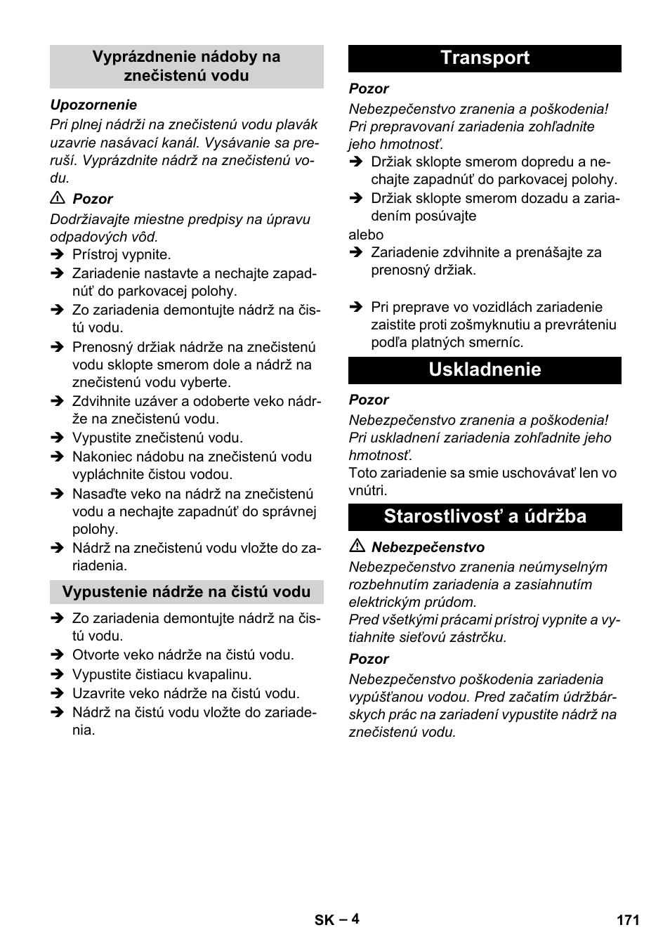 Transport uskladnenie starostlivosť a údržba | Karcher BR 30-4 C Adv User Manual | Page 171 / 244