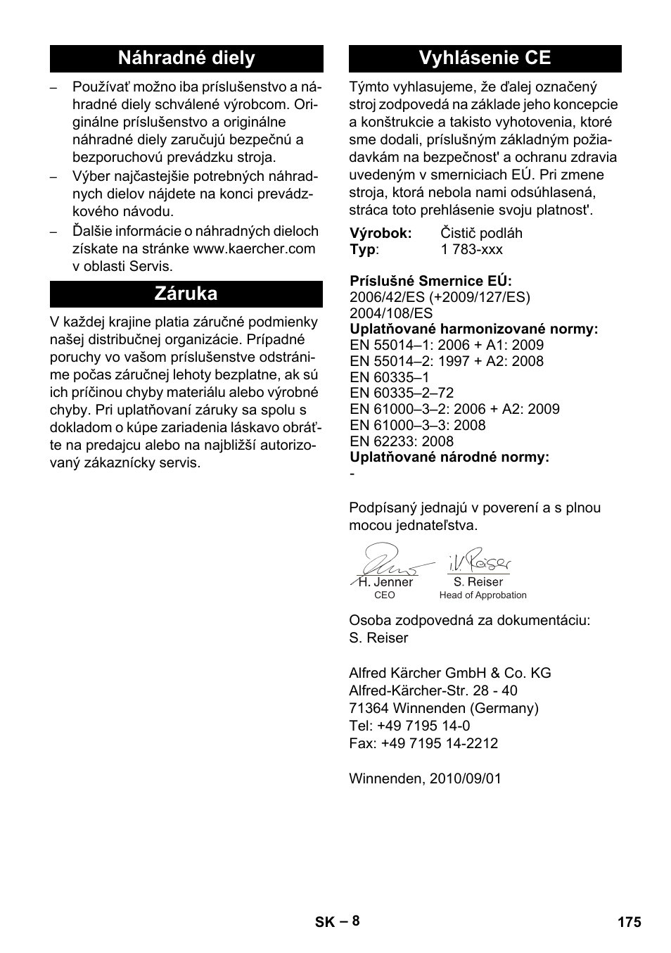 Náhradné diely záruka vyhlásenie ce | Karcher BR 30-4 C Adv User Manual | Page 175 / 244