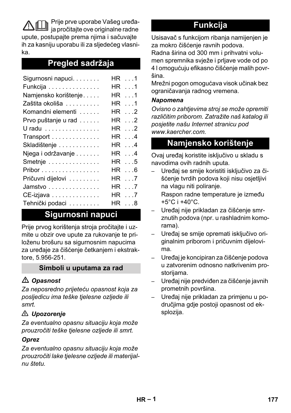 Hrvatski, Lietuviškai, Pregled sadržaja | Sigurnosni napuci, Funkcija namjensko korištenje | Karcher BR 30-4 C Adv User Manual | Page 177 / 244