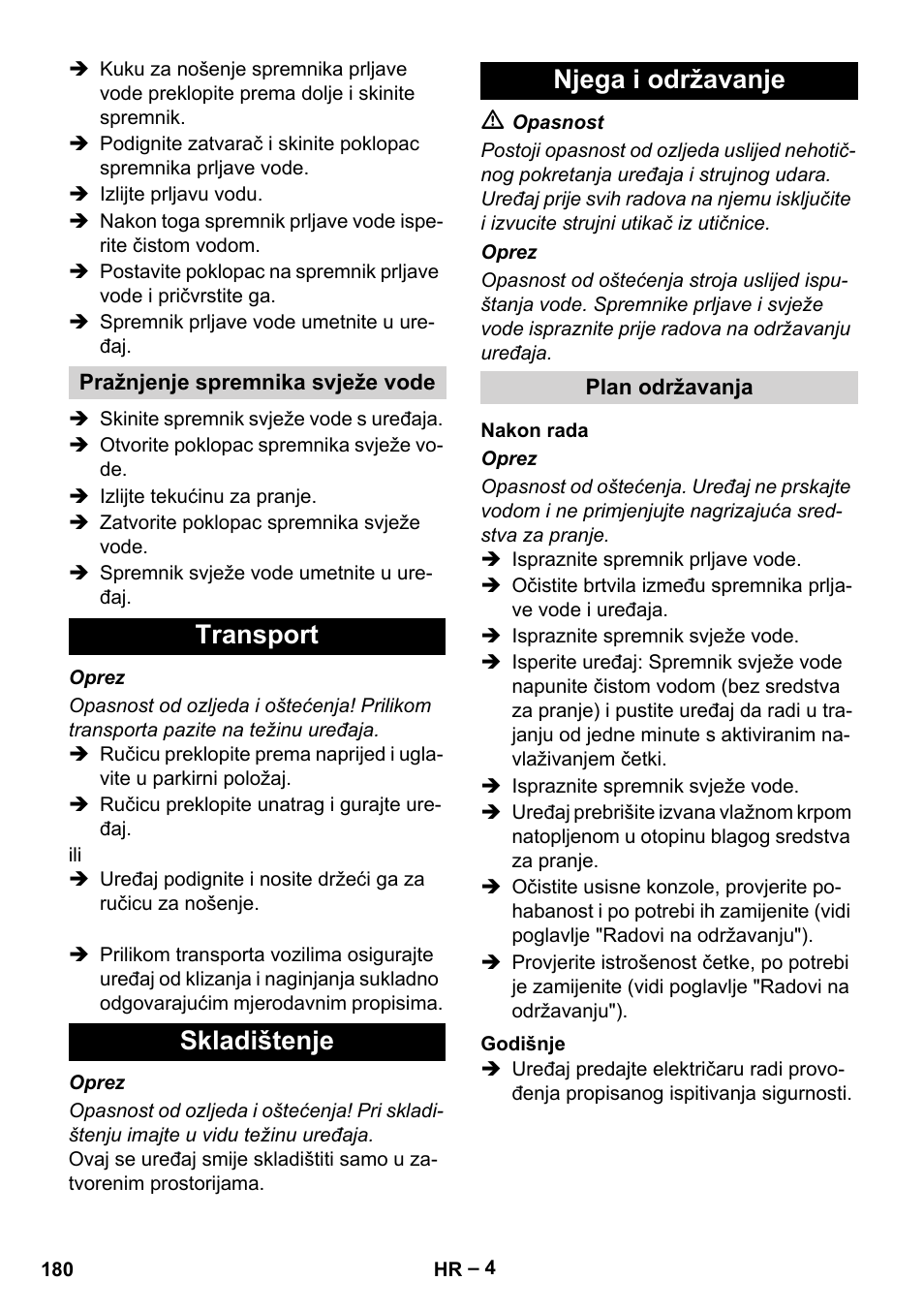 Transport skladištenje njega i održavanje | Karcher BR 30-4 C Adv User Manual | Page 180 / 244