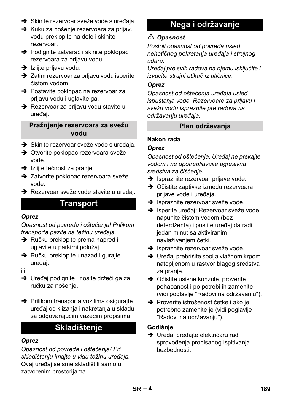 Transport skladištenje nega i održavanje | Karcher BR 30-4 C Adv User Manual | Page 189 / 244
