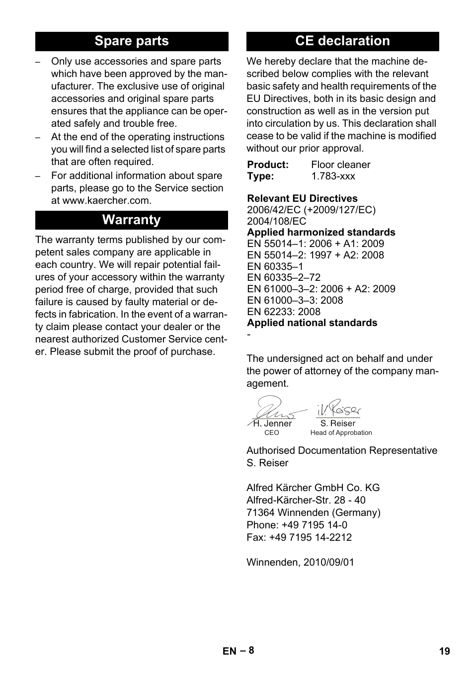 Spare parts warranty ce declaration | Karcher BR 30-4 C Adv User Manual | Page 19 / 244