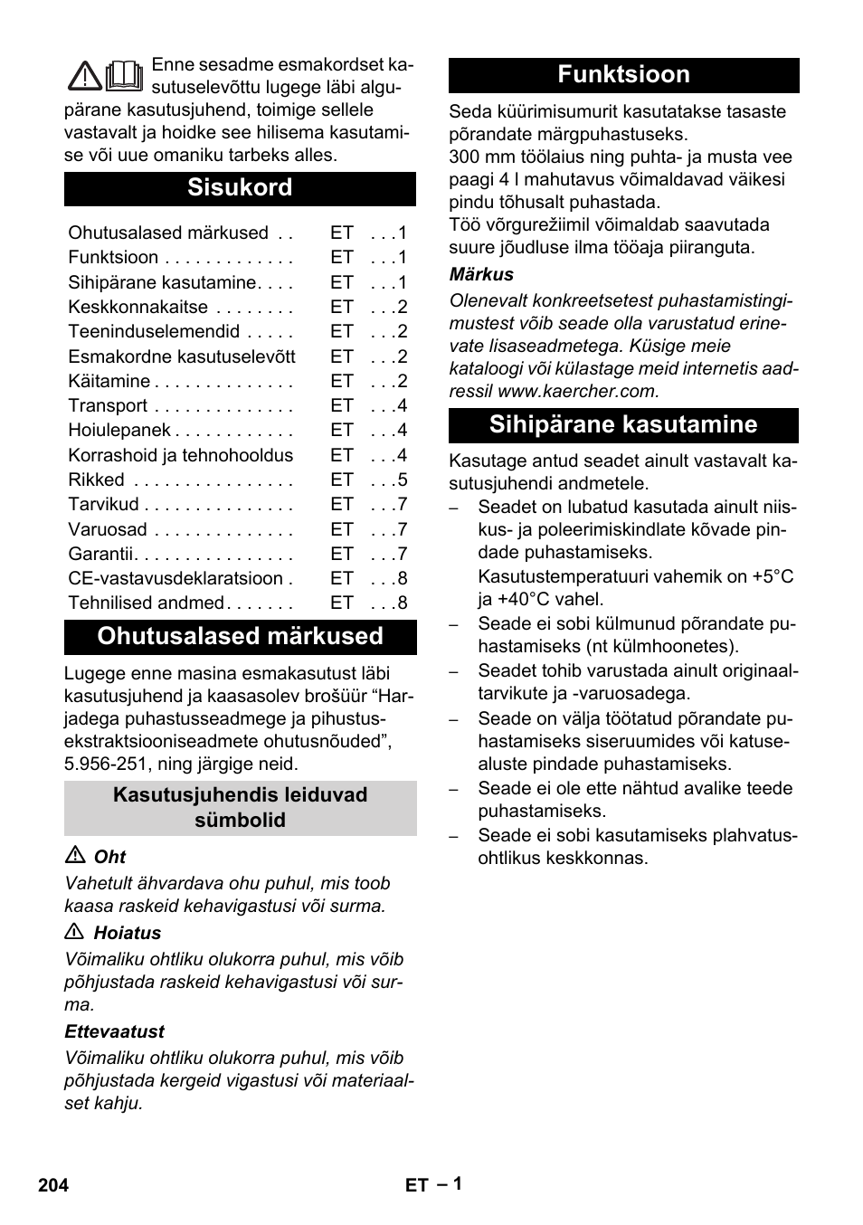 Eesti, Sisukord, Ohutusalased märkused | Funktsioon sihipärane kasutamine | Karcher BR 30-4 C Adv User Manual | Page 204 / 244