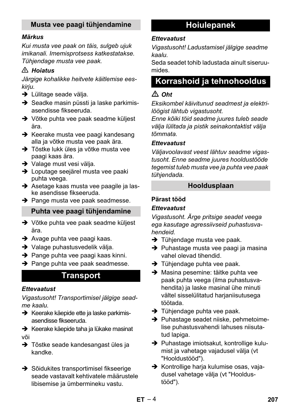 Transport hoiulepanek korrashoid ja tehnohooldus | Karcher BR 30-4 C Adv User Manual | Page 207 / 244