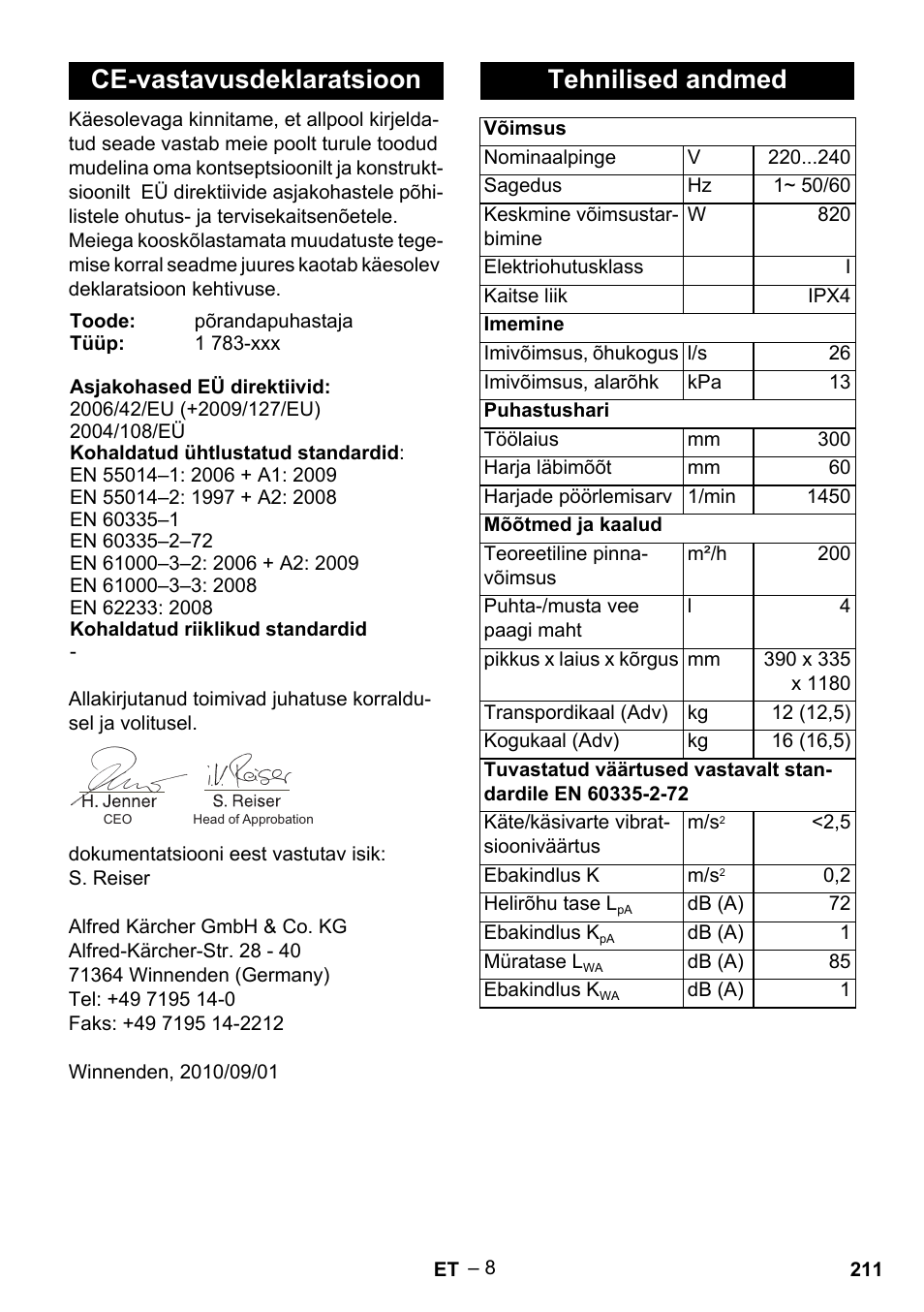 Ce-vastavusdeklaratsioon, Tehnilised andmed | Karcher BR 30-4 C Adv User Manual | Page 211 / 244