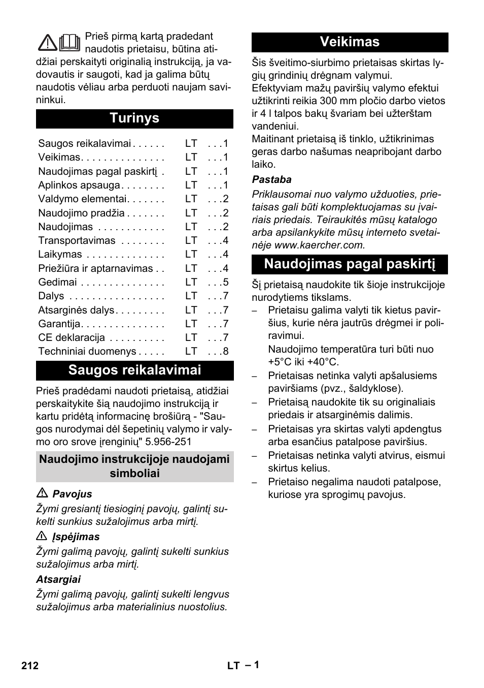 Lietuviškai, Turinys, Saugos reikalavimai | Veikimas naudojimas pagal paskirtį | Karcher BR 30-4 C Adv User Manual | Page 212 / 244