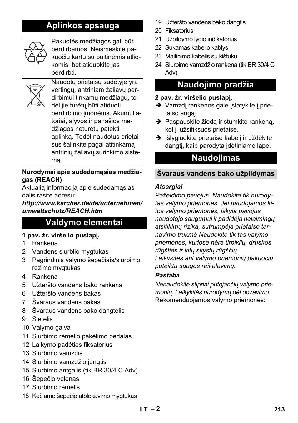 Aplinkos apsauga, Valdymo elementai naudojimo pradžia naudojimas | Karcher BR 30-4 C Adv User Manual | Page 213 / 244