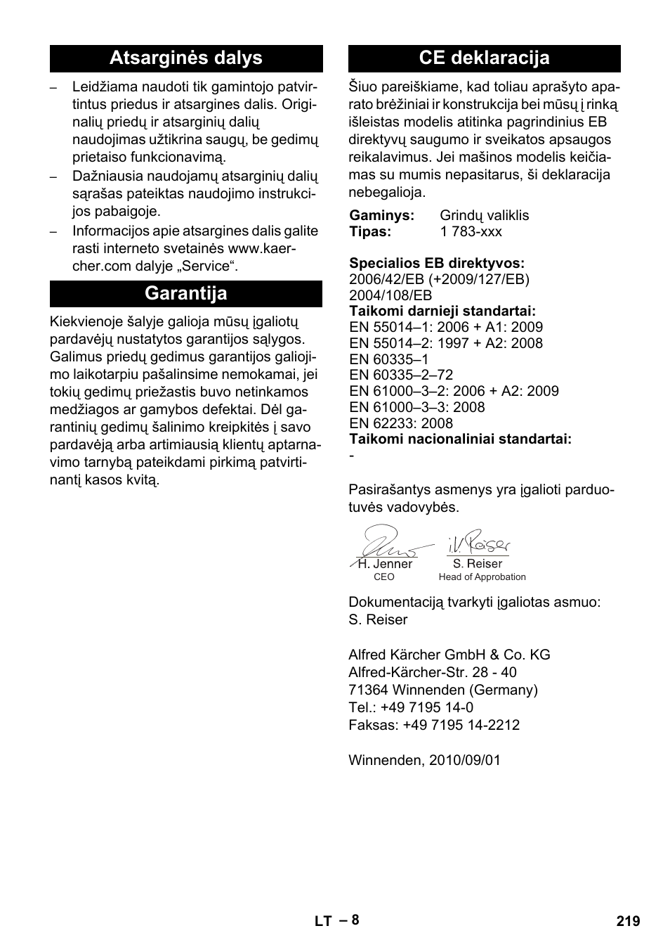 Atsarginės dalys garantija ce deklaracija | Karcher BR 30-4 C Adv User Manual | Page 219 / 244