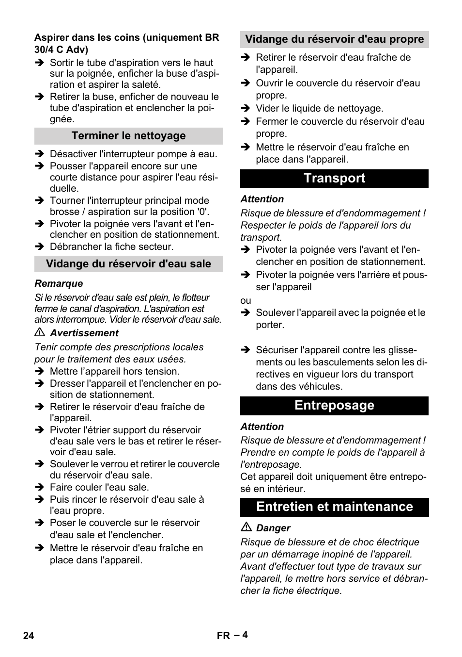 Transport entreposage entretien et maintenance | Karcher BR 30-4 C Adv User Manual | Page 24 / 244