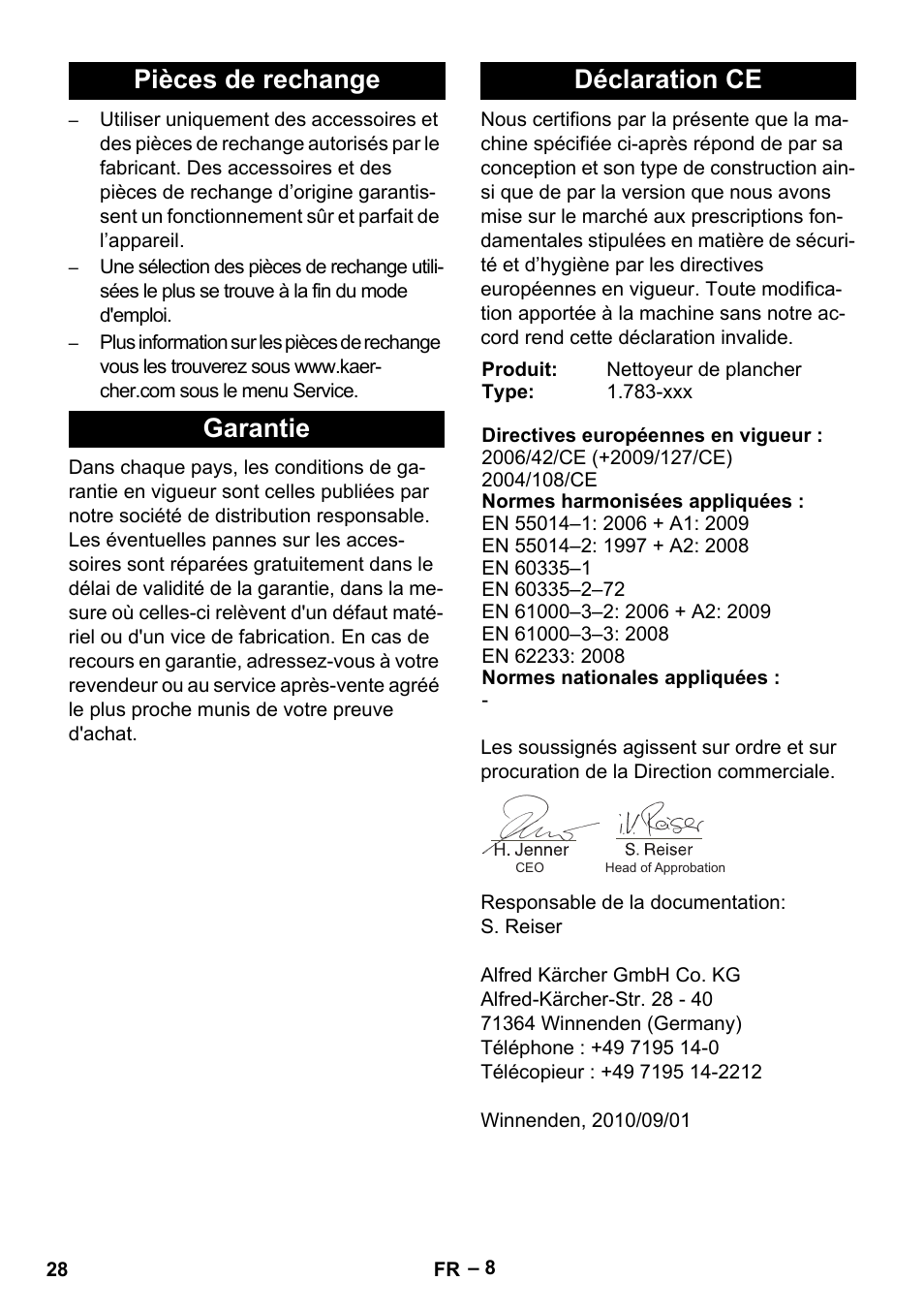 Pièces de rechange garantie déclaration ce | Karcher BR 30-4 C Adv User Manual | Page 28 / 244