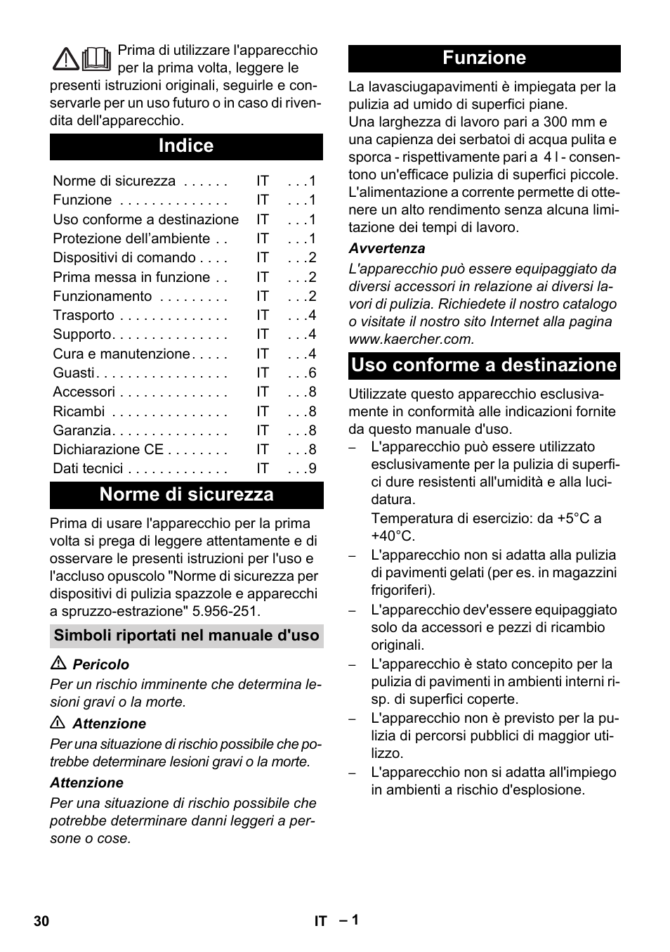 Italiano, Dansk, Indice | Norme di sicurezza, Funzione uso conforme a destinazione | Karcher BR 30-4 C Adv User Manual | Page 30 / 244