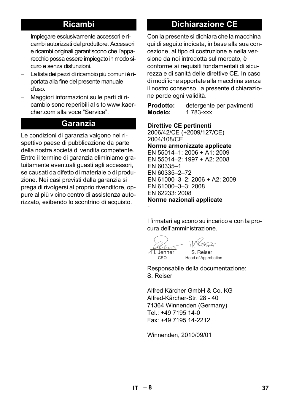 Ricambi garanzia dichiarazione ce | Karcher BR 30-4 C Adv User Manual | Page 37 / 244