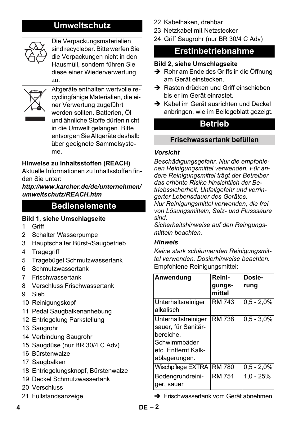 Umweltschutz, Bedienelemente erstinbetriebnahme betrieb | Karcher BR 30-4 C Adv User Manual | Page 4 / 244