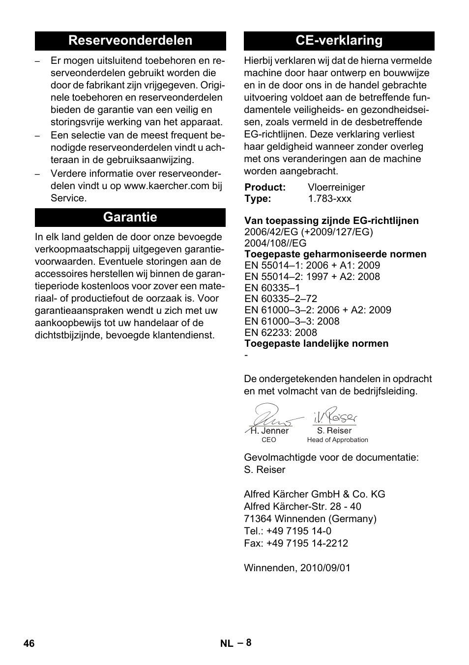 Reserveonderdelen garantie ce-verklaring | Karcher BR 30-4 C Adv User Manual | Page 46 / 244