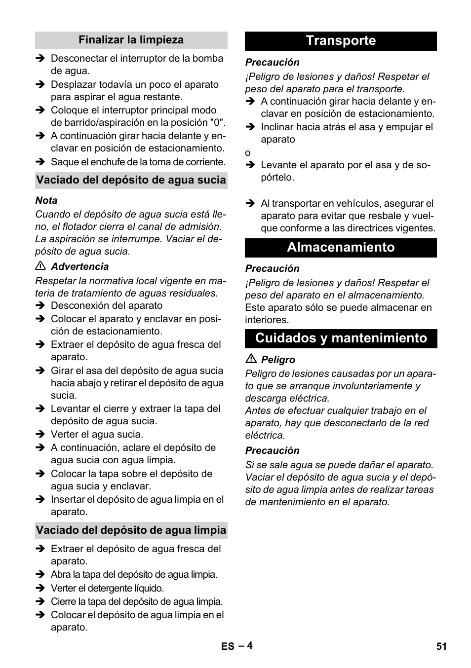 Transporte almacenamiento cuidados y mantenimiento | Karcher BR 30-4 C Adv User Manual | Page 51 / 244