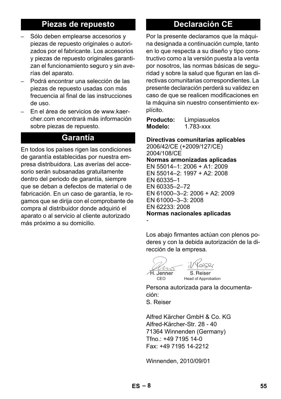 Piezas de repuesto garantía declaración ce | Karcher BR 30-4 C Adv User Manual | Page 55 / 244