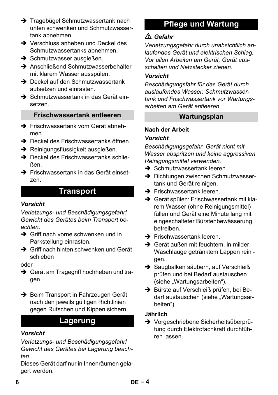 Transport lagerung pflege und wartung | Karcher BR 30-4 C Adv User Manual | Page 6 / 244