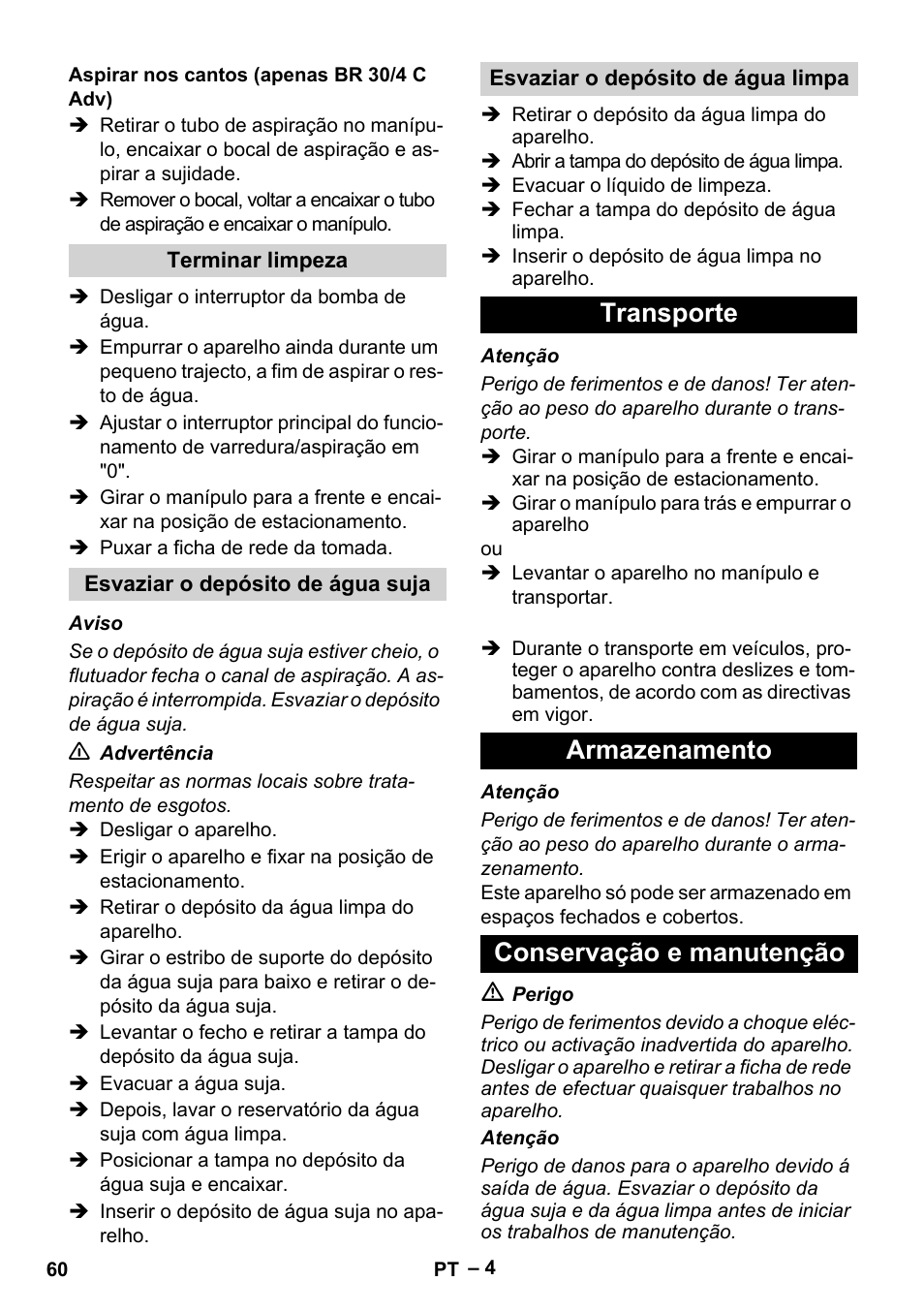 Transporte armazenamento conservação e manutenção | Karcher BR 30-4 C Adv User Manual | Page 60 / 244